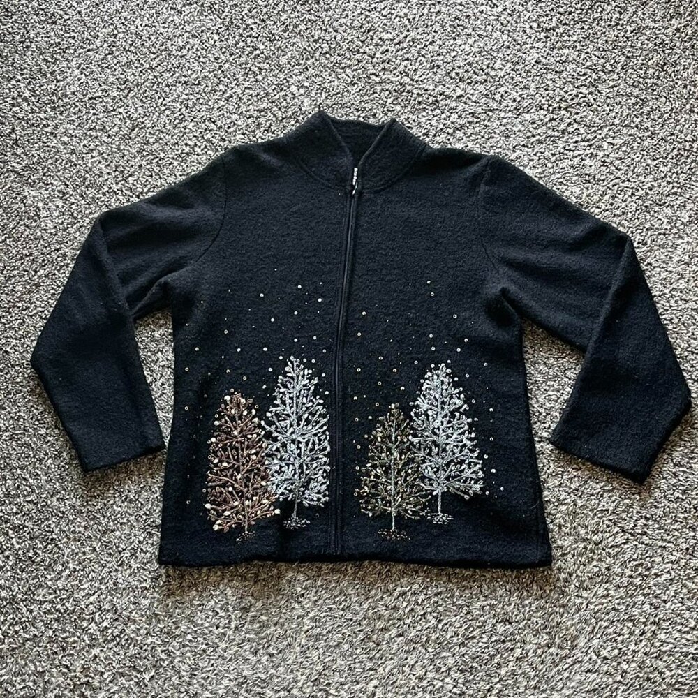 Vintage Coldwater Creek 100% Wool Black Sweater Women Large 80s Grandma Sequins